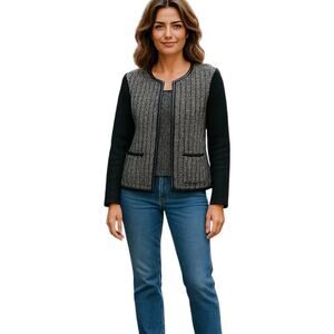 Talbots Merino Wool Knit Zip Jacket Black Cream Size S